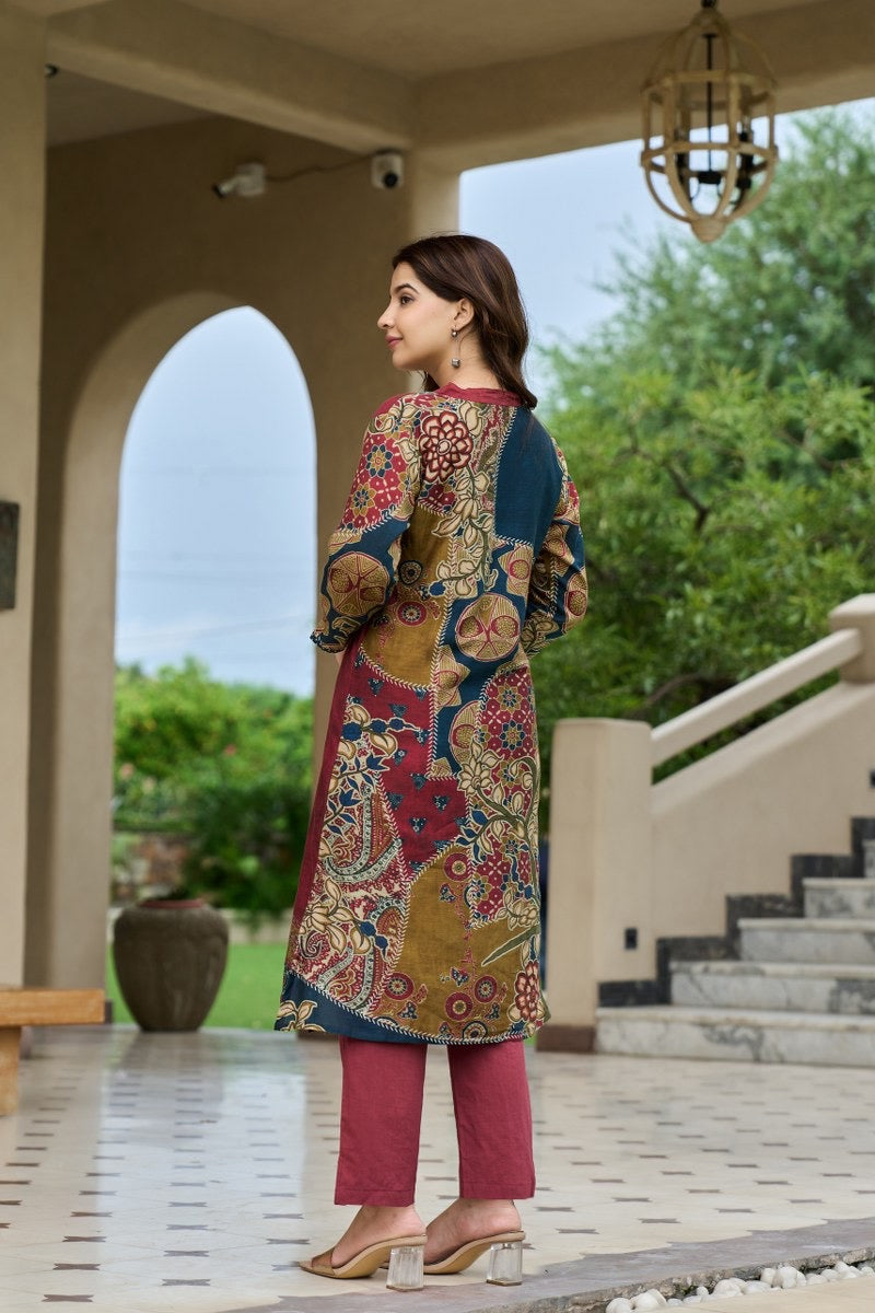 Printed Cotton Kurta Pant Set with Yoke Embroidery – Elegant Daily and Festive Wear for Women