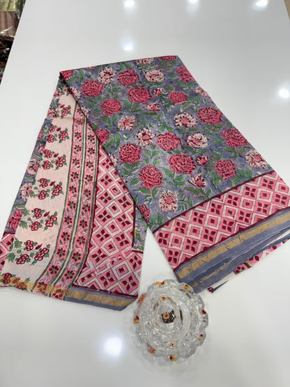Pure Chanderi Silk Saree with Intricate Handblock Print and Blouse Piece – Traditional Wear for Women