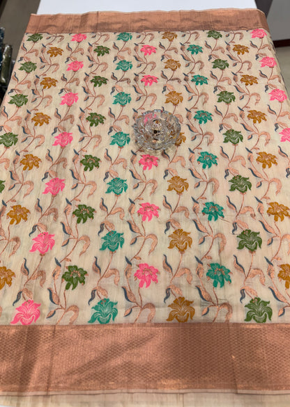 Soft silk saree with woven floral zari border and contrast pallu for women