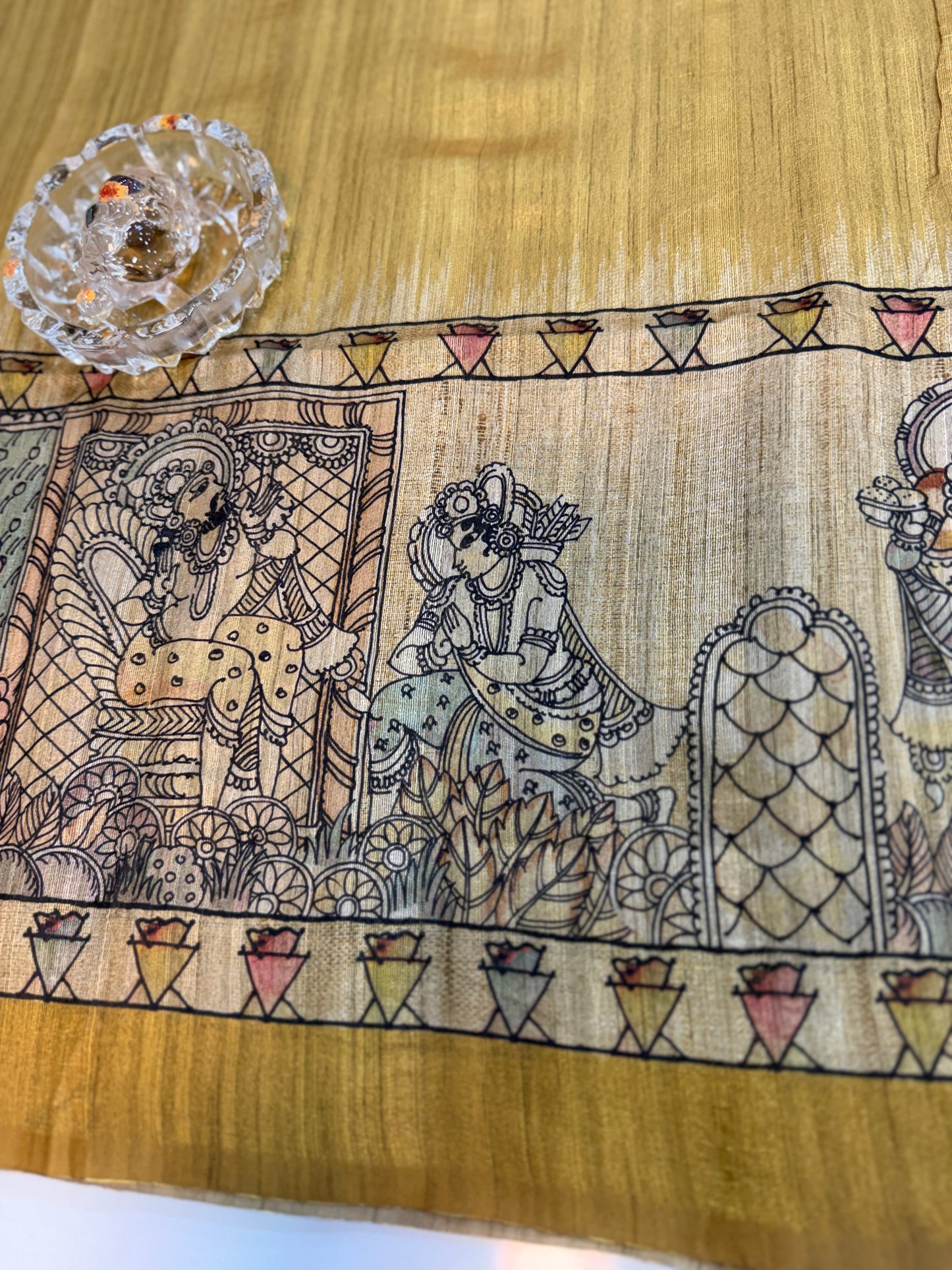 Spider Silk Saree with Folk Art Print Border and Tassel Pallu