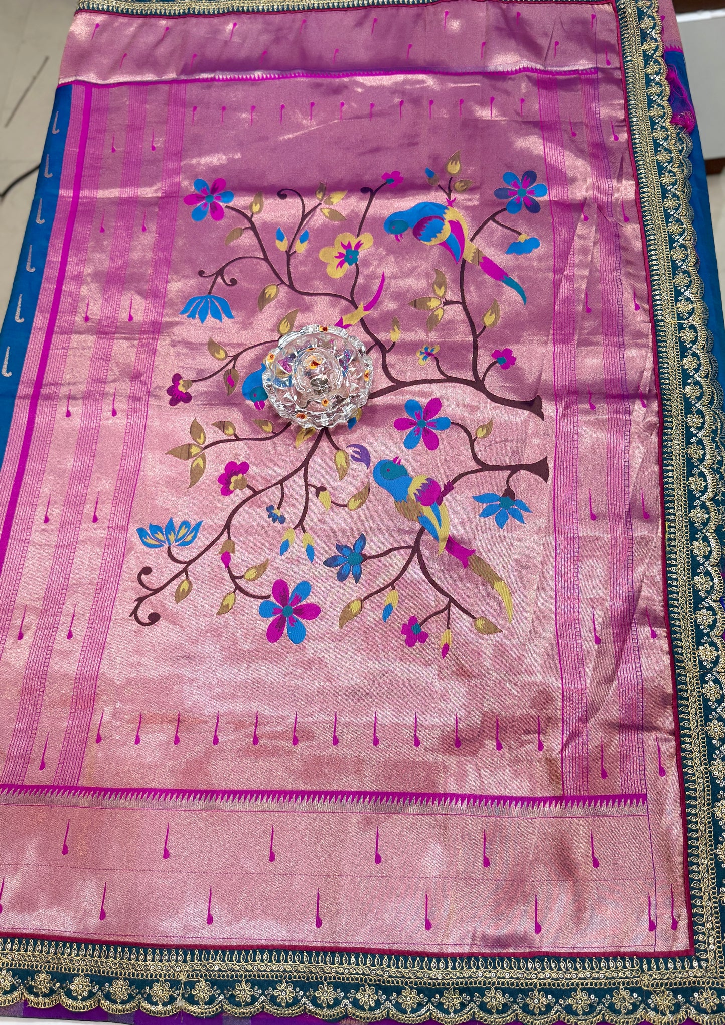 Paithani Lace Border Soft Silk Saree with Contrast Blouse for Women