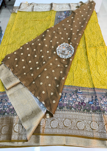 Russian Viscose Crepe Silk Chittpallu Saree with Heritage Print and Zari Border for Women