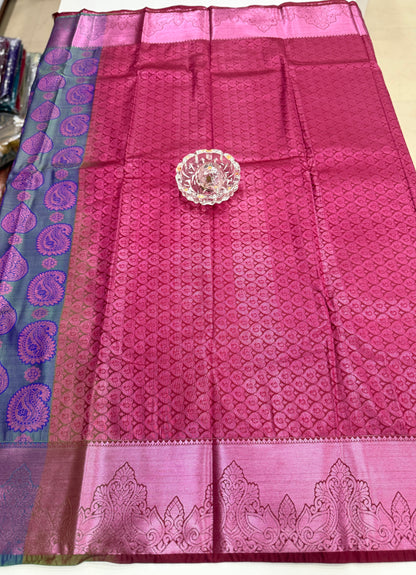 Bridal Soft Silk Saree with Jacquard Weaving & Contrast Border for Women