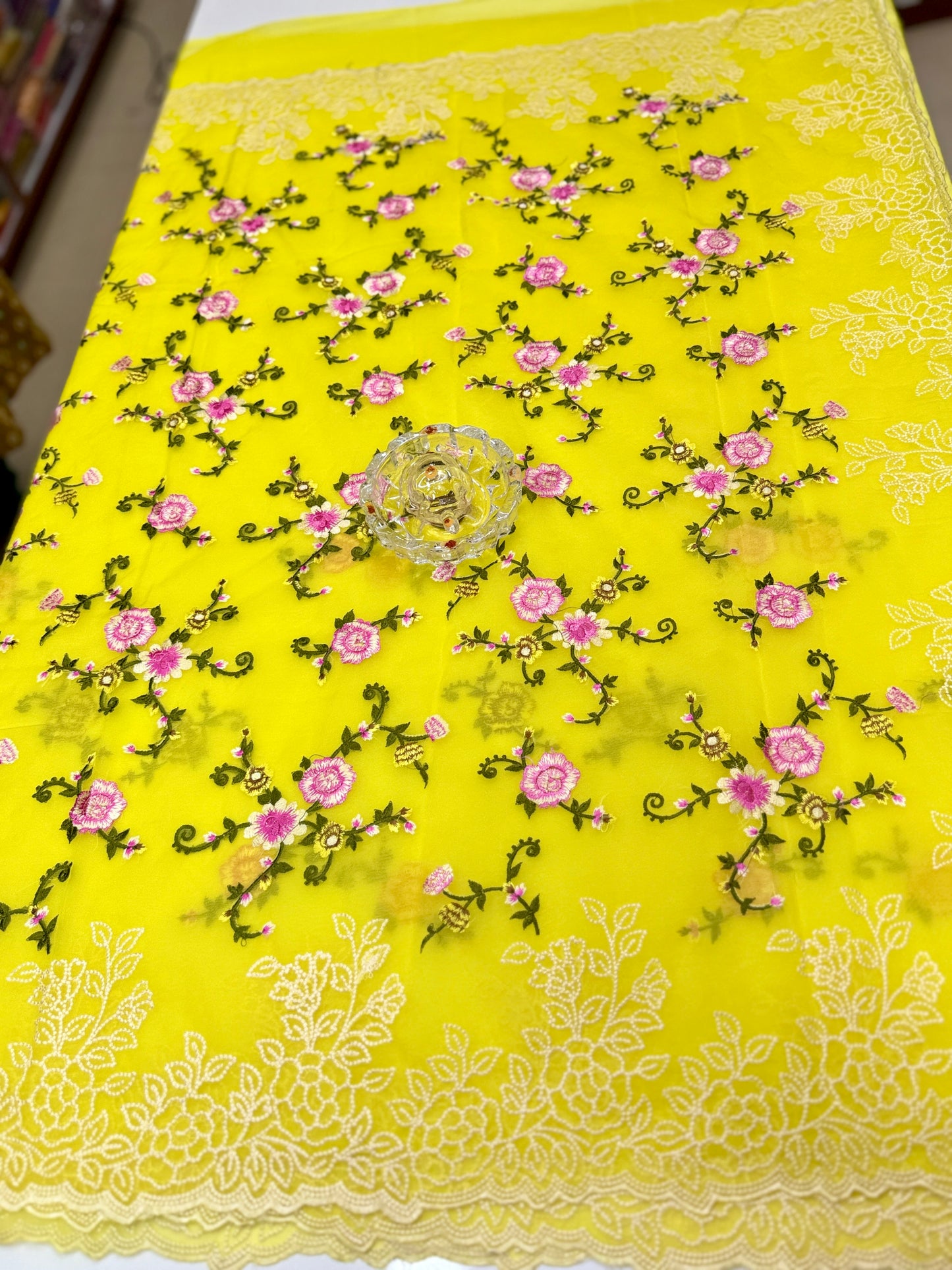 Kora Banarasi Saree with Floral Embroidery and Woven Border – Lightweight Festive Wear
