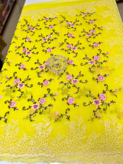 Kora Banarasi Saree with Floral Embroidery and Woven Border – Lightweight Festive Wear