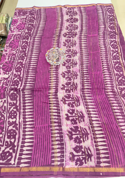 Pure Chanderi Silk Saree with Intricate Handblock Print and Blouse Piece – Traditional Wear for Women