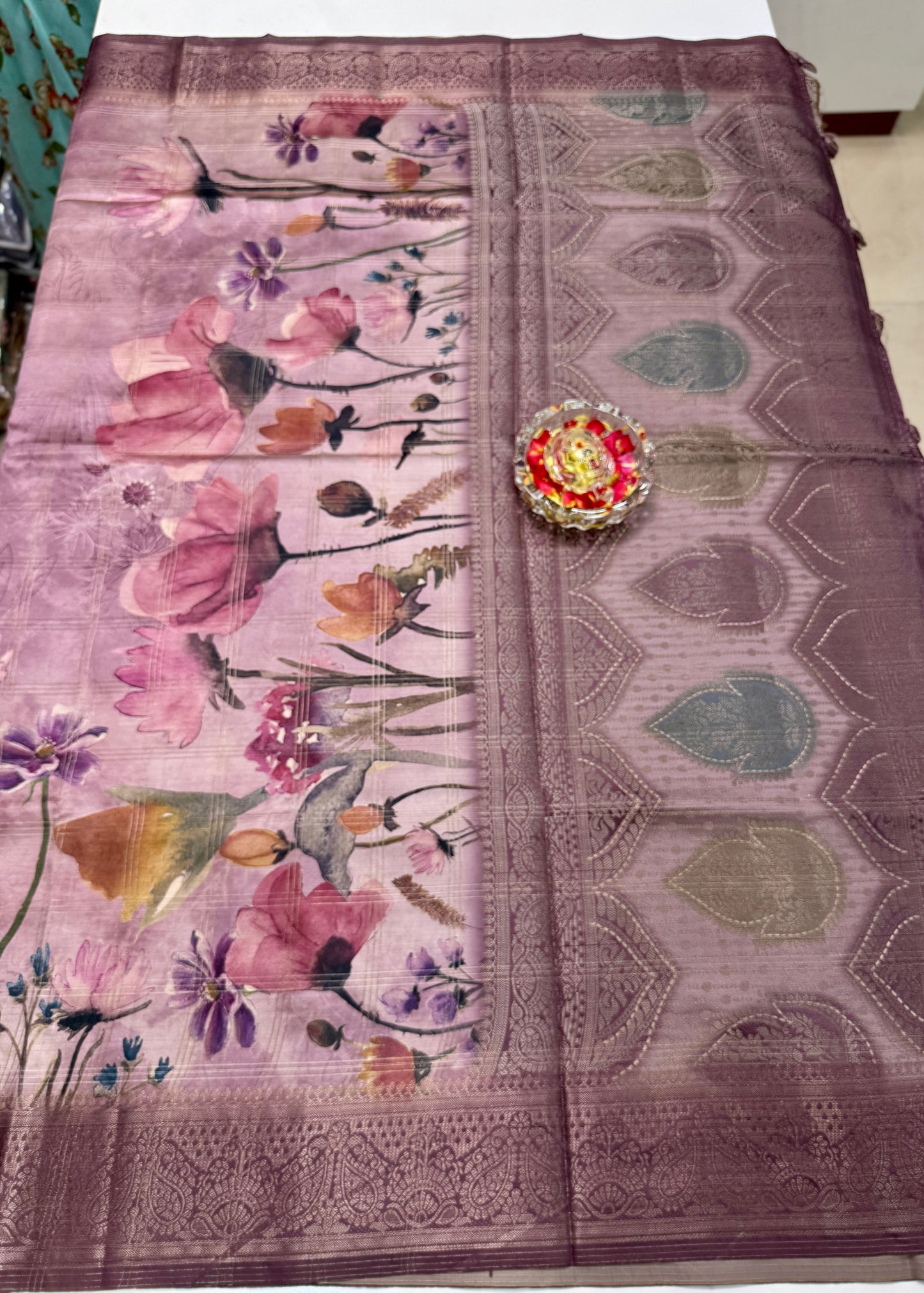 Bamboo Silk Saree with Chex Texture and Rich Pallu – Digital Floral Print Saree for Women