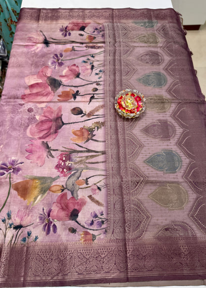 Bamboo Silk Saree with Chex Texture and Rich Pallu – Digital Floral Print Saree for Women