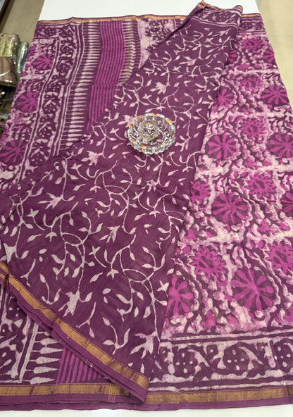 Pure Chanderi Silk Saree with Intricate Handblock Print and Blouse Piece – Traditional Wear for Women