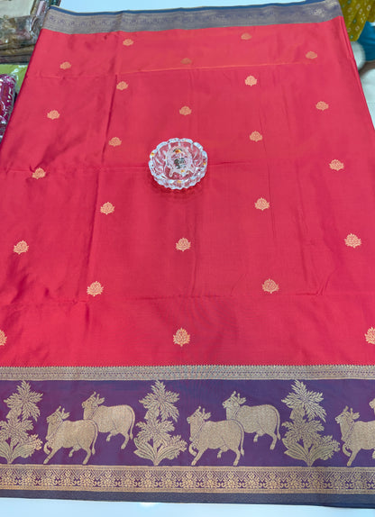Handloom styled Silk Pichwai Saree with Woven Border and Contrast Blouse