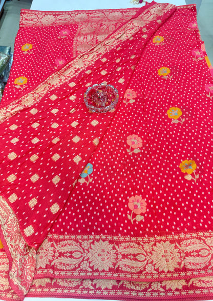 Pure Kaddi Georgette Zari Weaving Saree in Rani Pink with Circular Motifs and Floral Accents – Festive & Wedding Wear Saree for Women