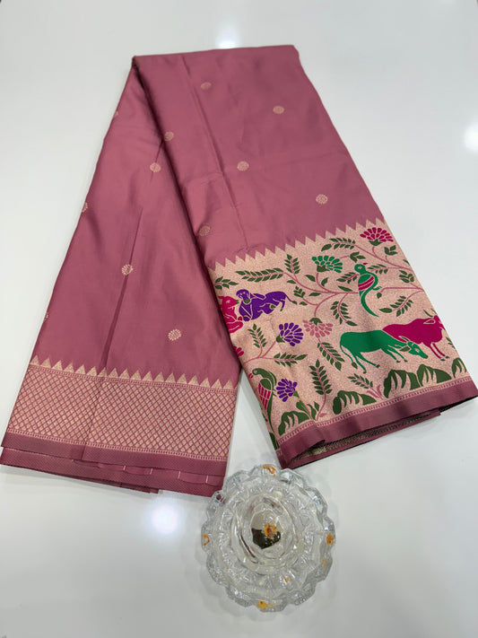 Paithani printed soft silk saree with zari-style border and contrast blouse for women