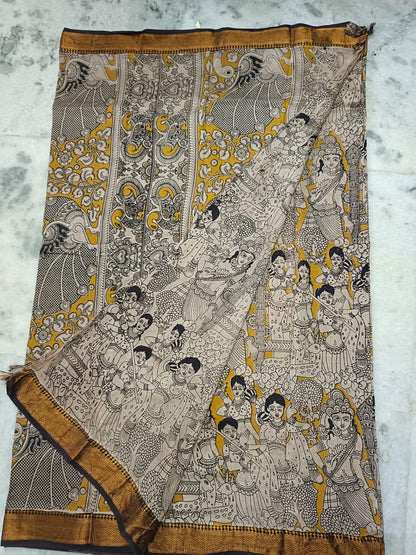 Exquisite Handloom Nellore Silk Saree with Kalamkari Print & Nizam Border