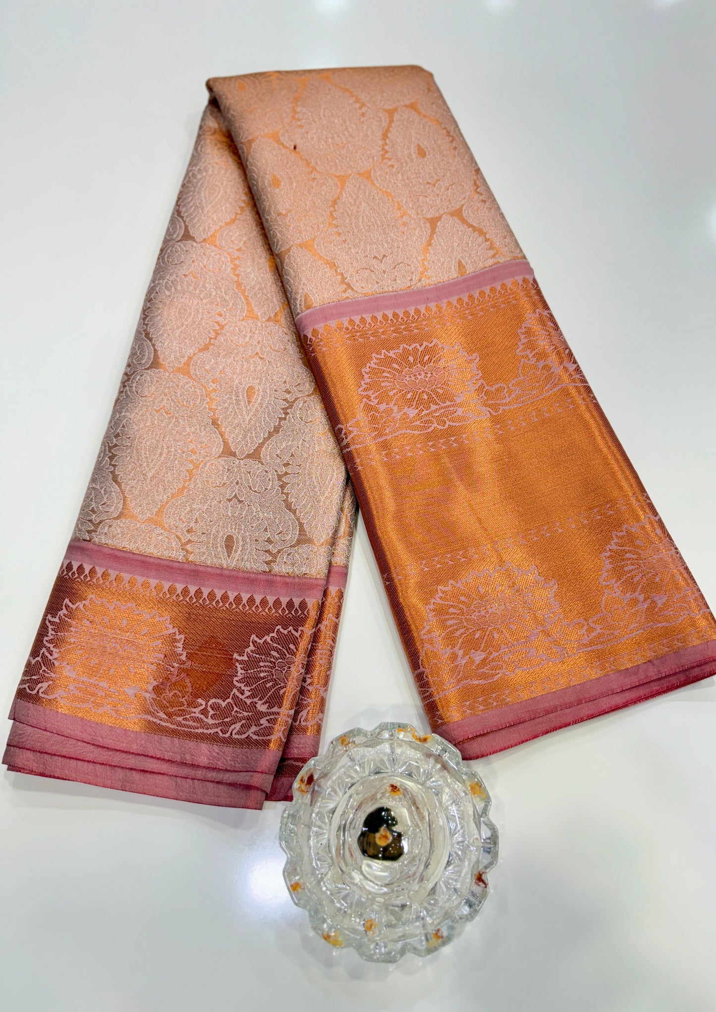 Bridal tissue saree for women with woven zari work and contrast border, kanchipuram style powerloom saree with blouse fabric