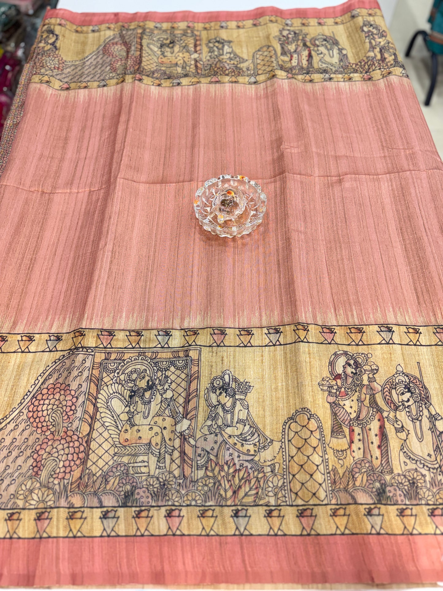 Spider Silk Saree with Folk Art Print Border and Tassel Pallu