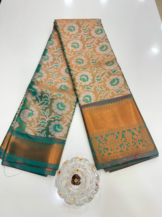 Bridal tissue saree for women with woven zari work and contrast border, kanchipuram style powerloom saree with blouse fabric
