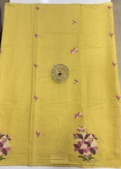 Yellow kora silk style viscose saree with woven floral motifs, tassel pallu and embroidered unstitched blouse fabric for women