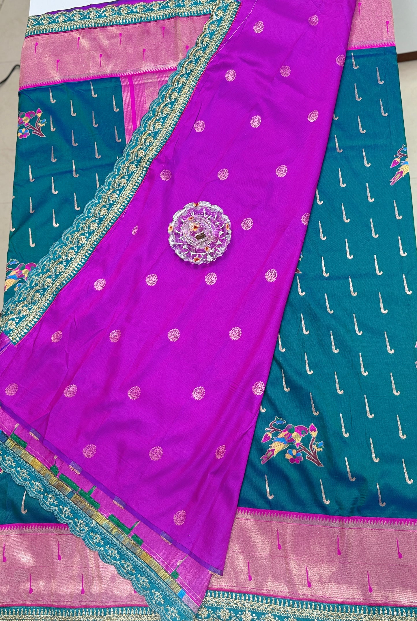 Paithani Lace Border Soft Silk Saree with Contrast Blouse for Women