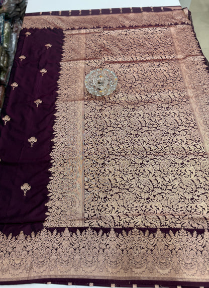 Soft silk saree with woven floral border and contrast brocade blouse piece