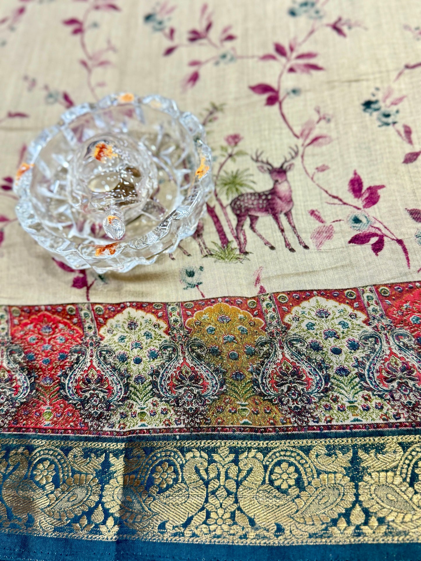 Chennuri silk style printed saree with traditional artwork border and unstitched blouse fabric for women