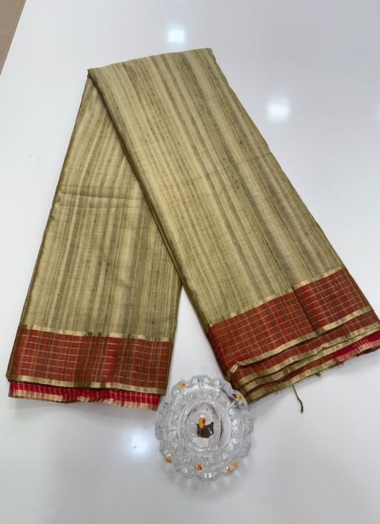 Handloom Style Katan Silk Saree with Red Zari Border – Elegant Office & Festive Wear Saree for Women