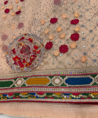 Peach Sequin Embroidered Saree for Women – Fancy Designer Fabric with Multicolour Border and 3D Floral Work