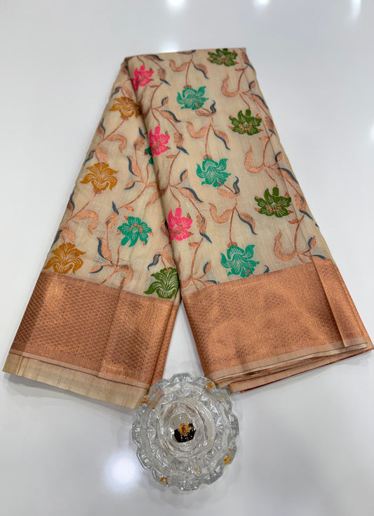 Soft silk saree with woven floral zari border and contrast pallu for women
