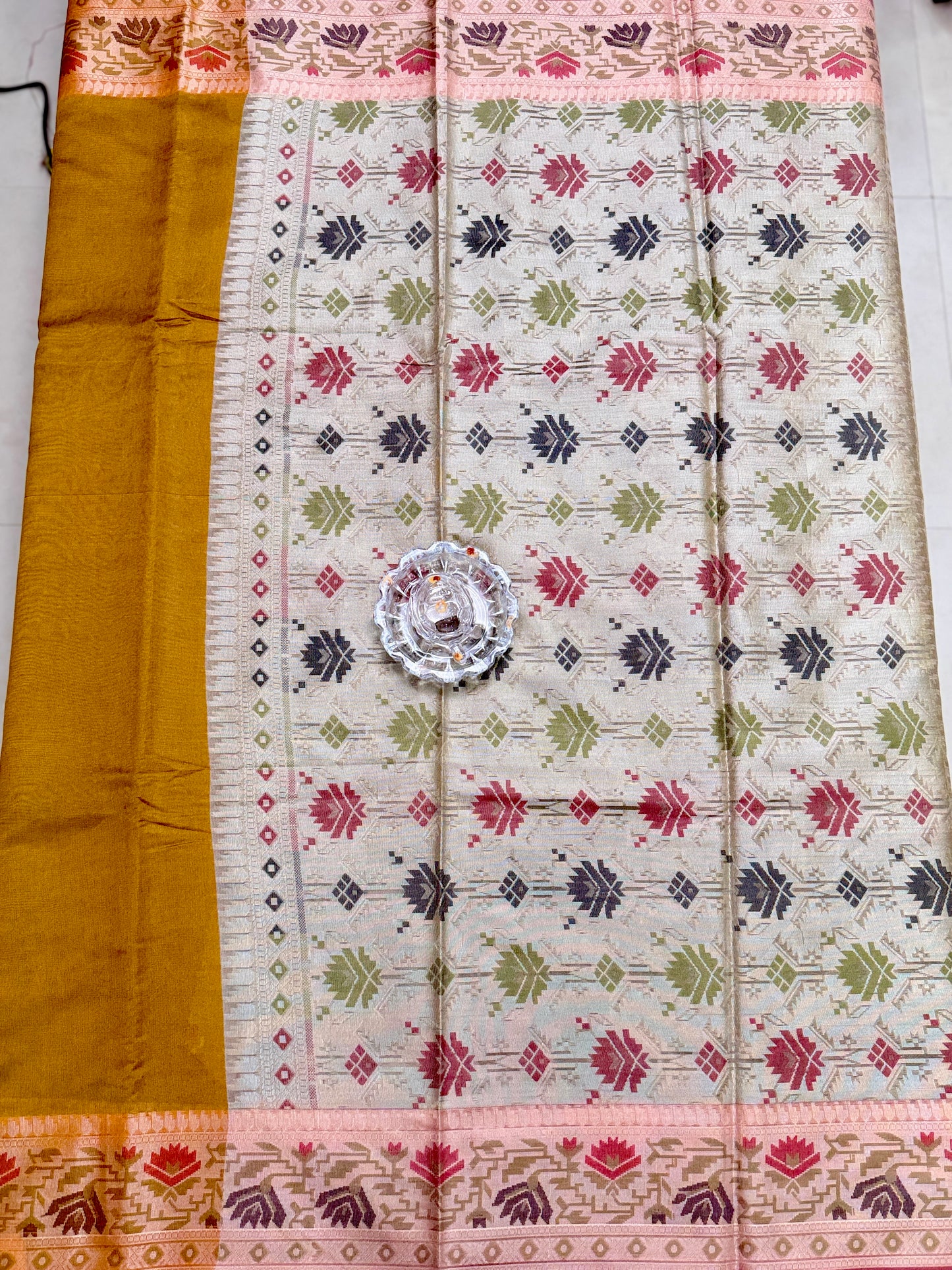 Semi Raw Silk Saree with Temple Border and Blouse – Handwoven Style Festive Wear