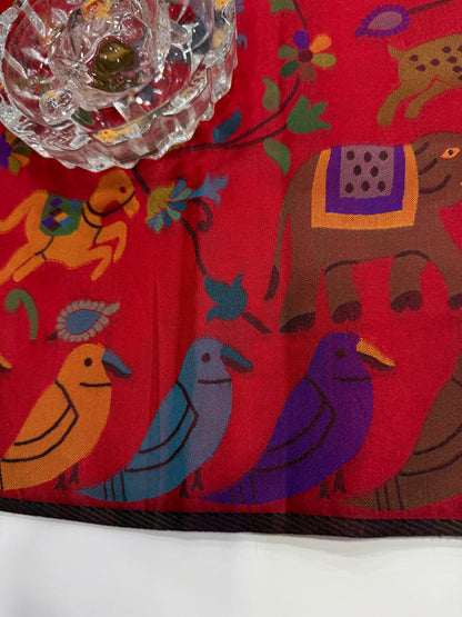 Soft silk printed saree with multicolour ethnic motifs and contrast blouse piece