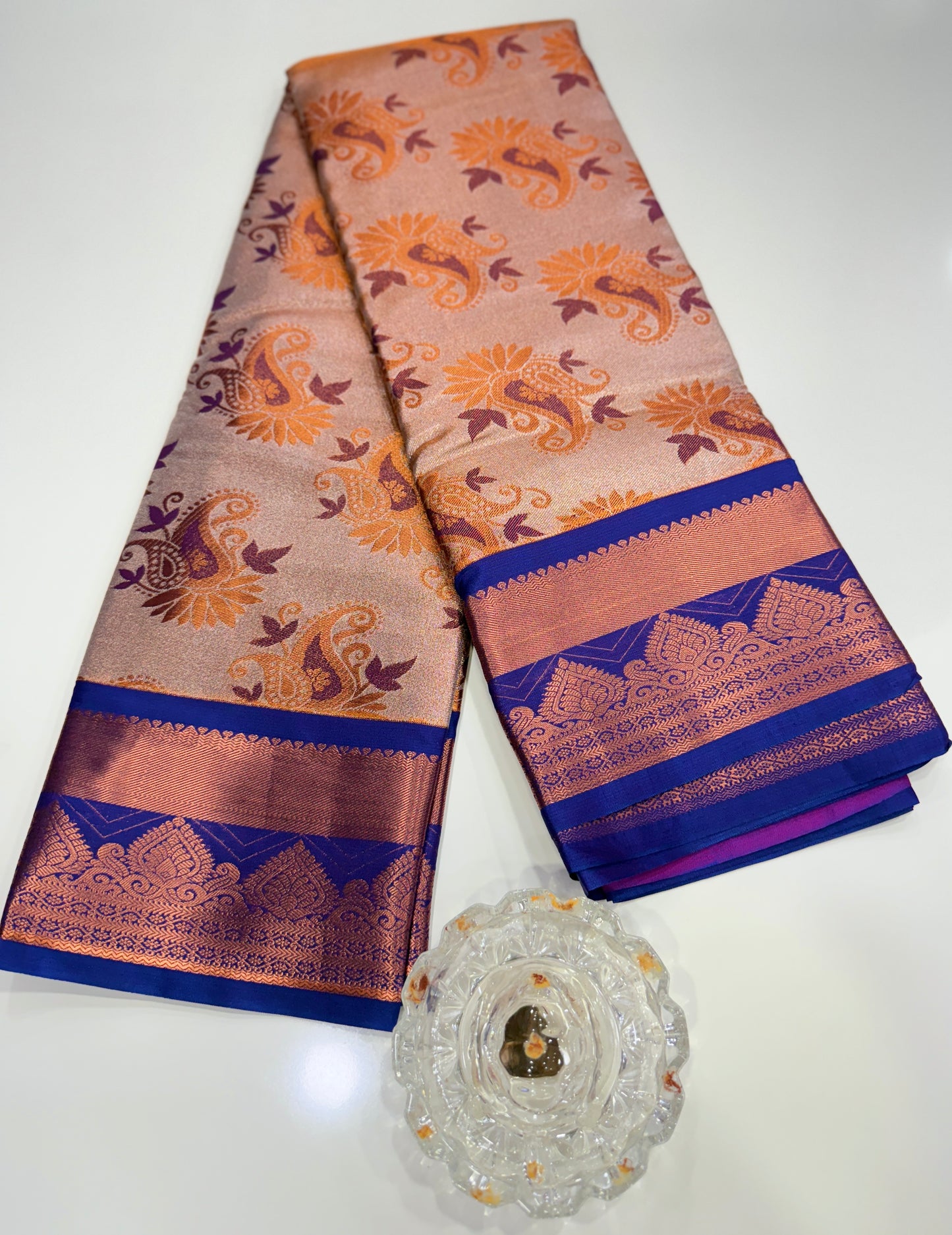 Bridal tissue saree for women with woven zari work and contrast border, kanchipuram style powerloom saree with blouse fabric