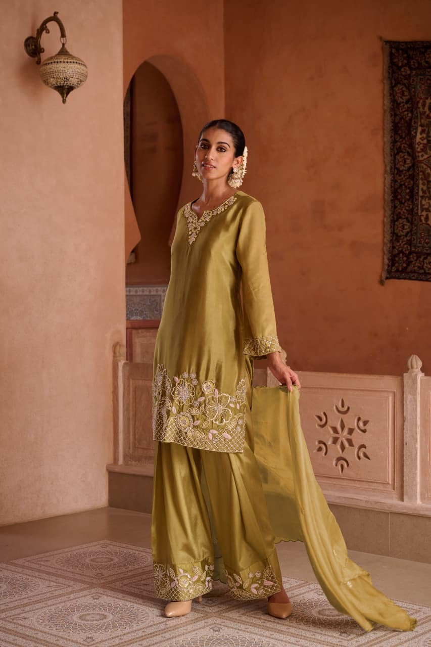 Embroidered HO Silk Glass Shimmer Kurta Farsi Pant Dupatta Set for Women