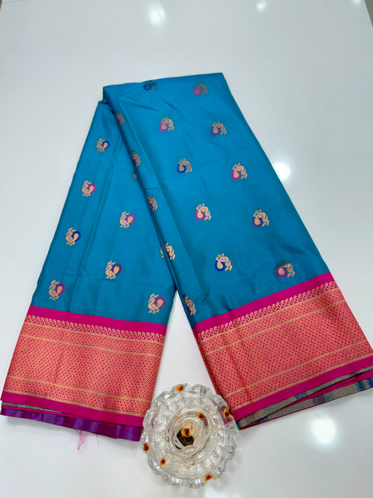 Paithani Soft Silk Saree with Zari Weaving and Contrast Blouse