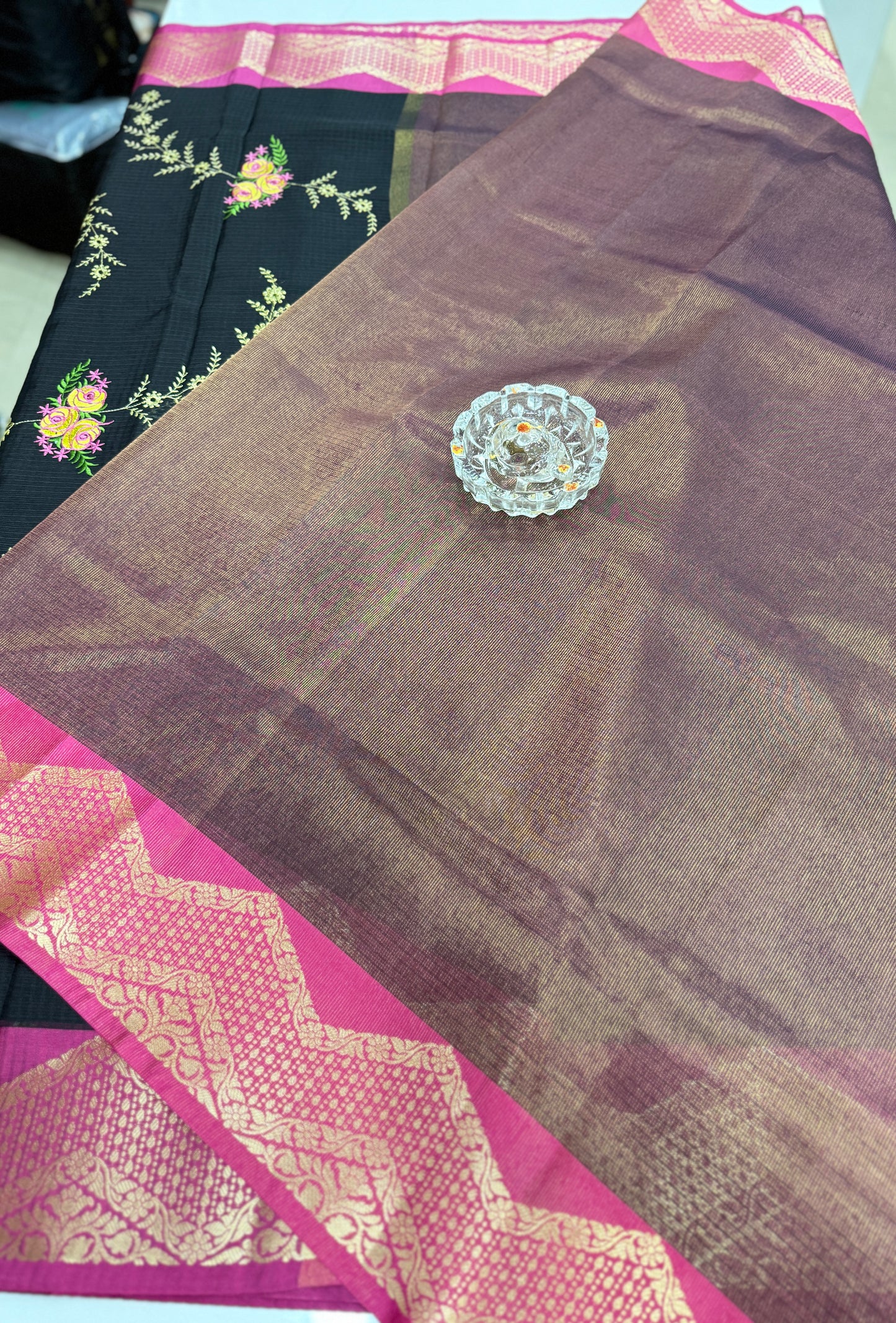 Banarasi kota silk saree with floral embroidery, contrast magenta zari border and matching blouse piece for women