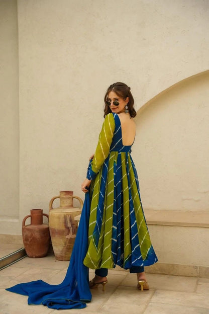 Vrinda Leheriya Georgette Suit Set for Women with Anarkali Dupatta – Blue & Green | Yellow & Dark Grey