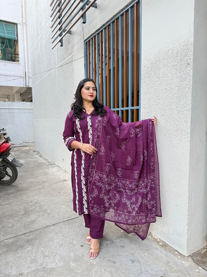 Plum Cotton Embroidered Suit Set with Dupatta – Elegant Ethnic Wear for Women