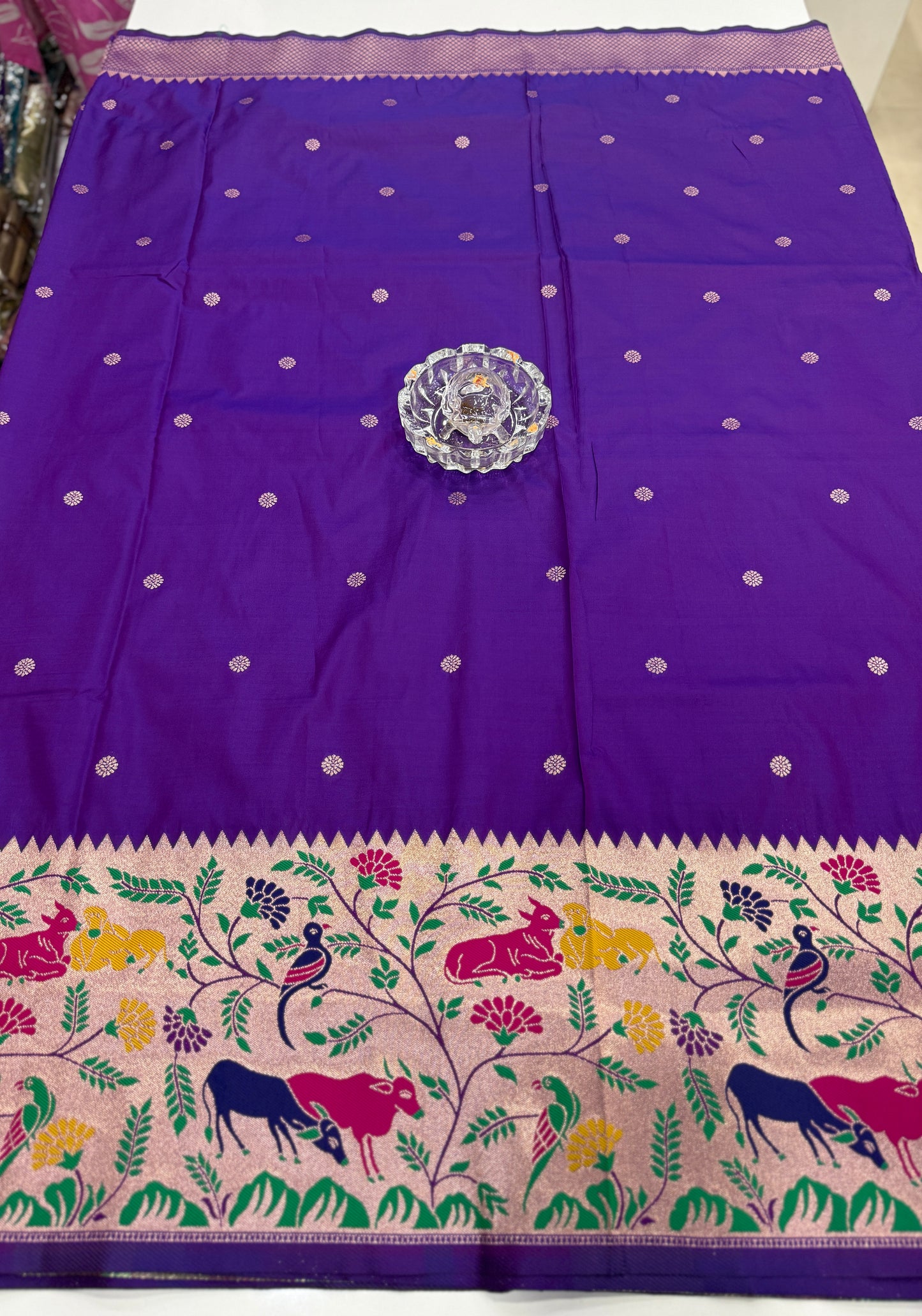 Paithani printed soft silk saree with zari-style border and contrast blouse for women