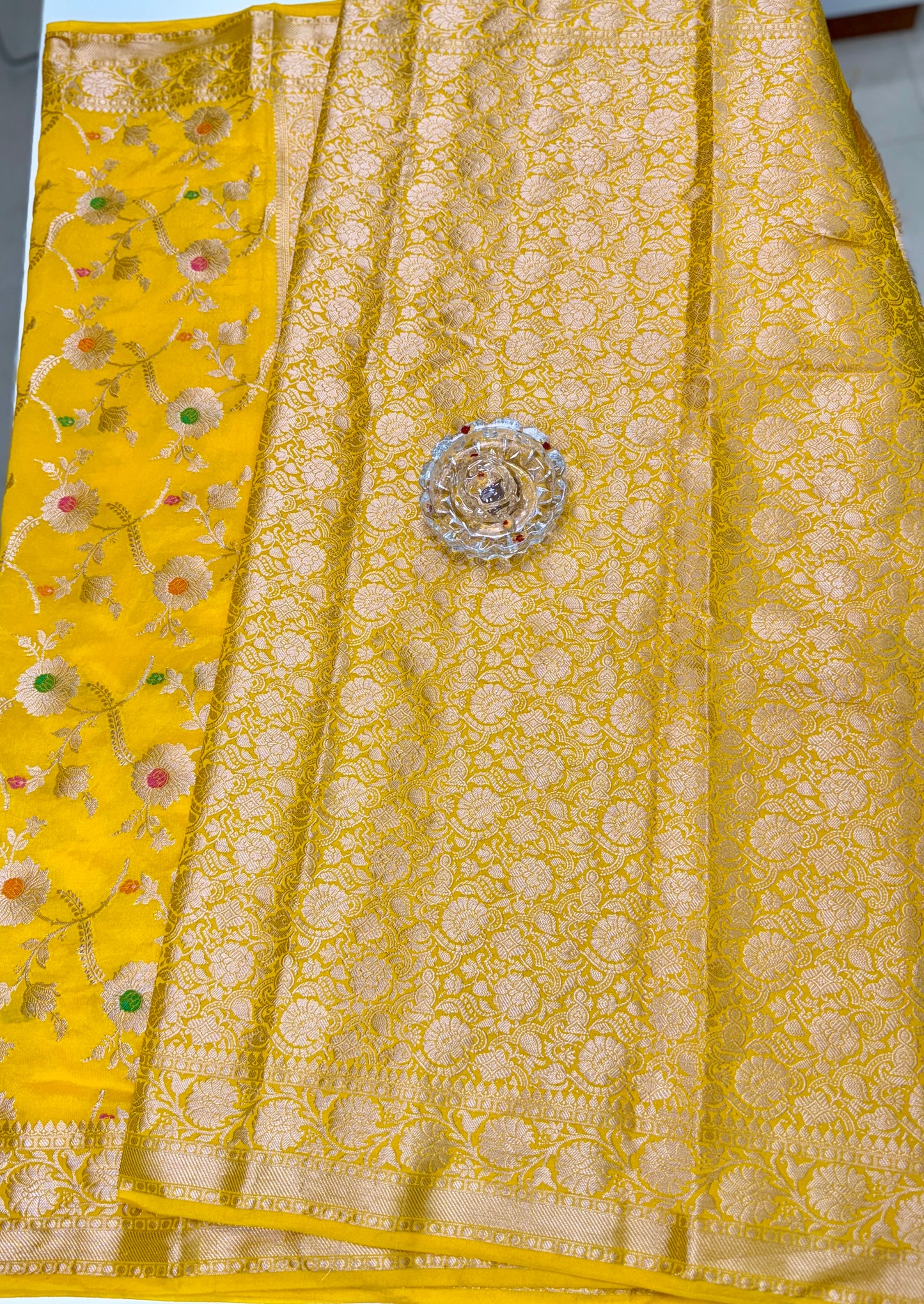 Banarasi Semi Dupion Silk Saree with Jaal Meenakari Design and Gold Zari Weaving Blouse Piece