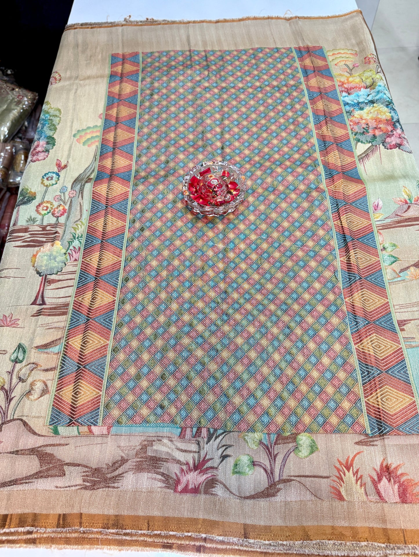 Pure Ziraf Silk Peacock Print Saree with Colorful Nature Motifs and Geometric Border – Soft Silk Printed Saree for Women