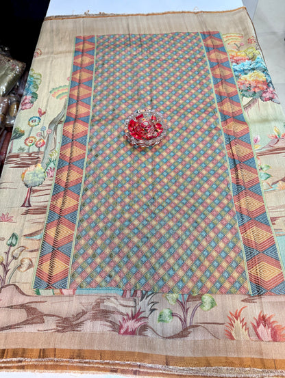 Pure Ziraf Silk Peacock Print Saree with Colorful Nature Motifs and Geometric Border – Soft Silk Printed Saree for Women