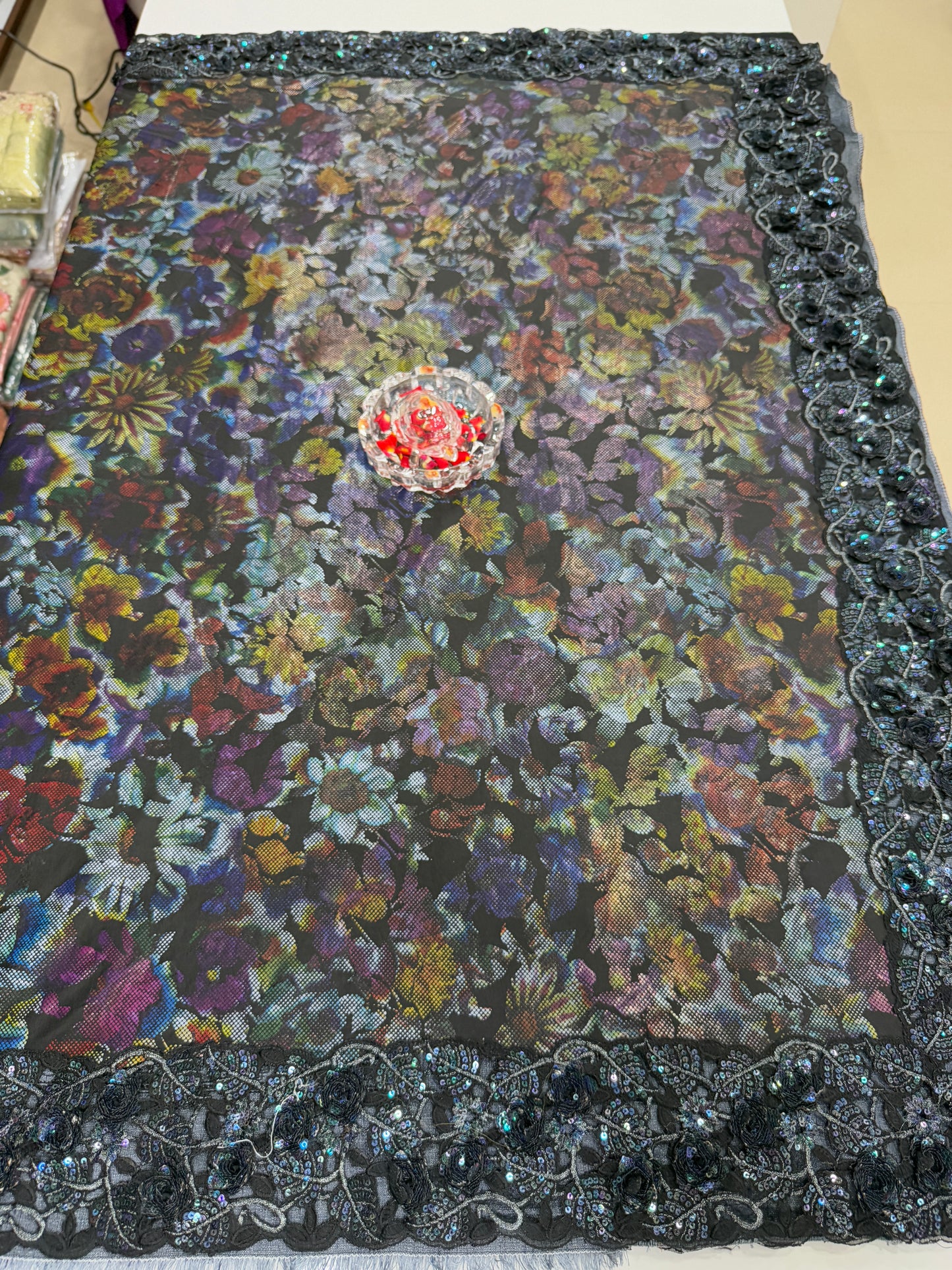 Black Sequin Embroidered Saree for Women – Fancy Designer Fabric with Floral Print Pallu and Lace Border