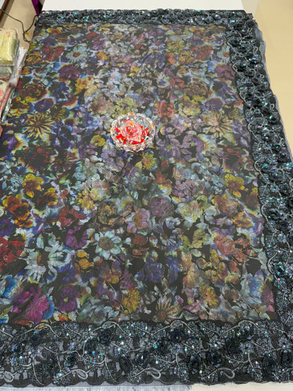 Black Sequin Embroidered Saree for Women – Fancy Designer Fabric with Floral Print Pallu and Lace Border