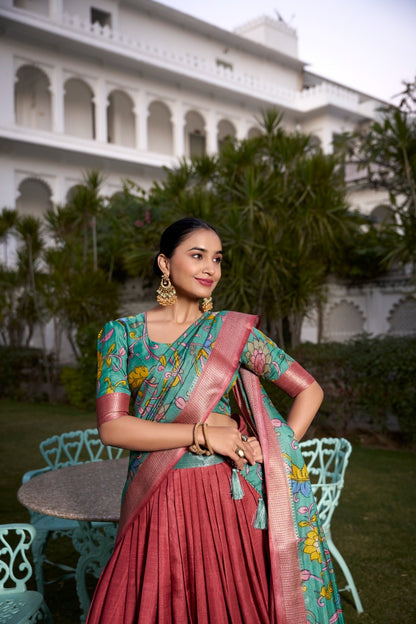 Printed Kalamkari Lehenga With Zari Weaving Border