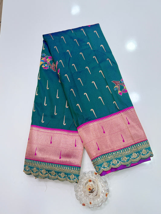 Paithani Lace Border Soft Silk Saree with Contrast Blouse for Women