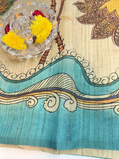 Silk Blend Printed Saree with Traditional Art Motifs and Glossy Texture – Festive Wear for Women