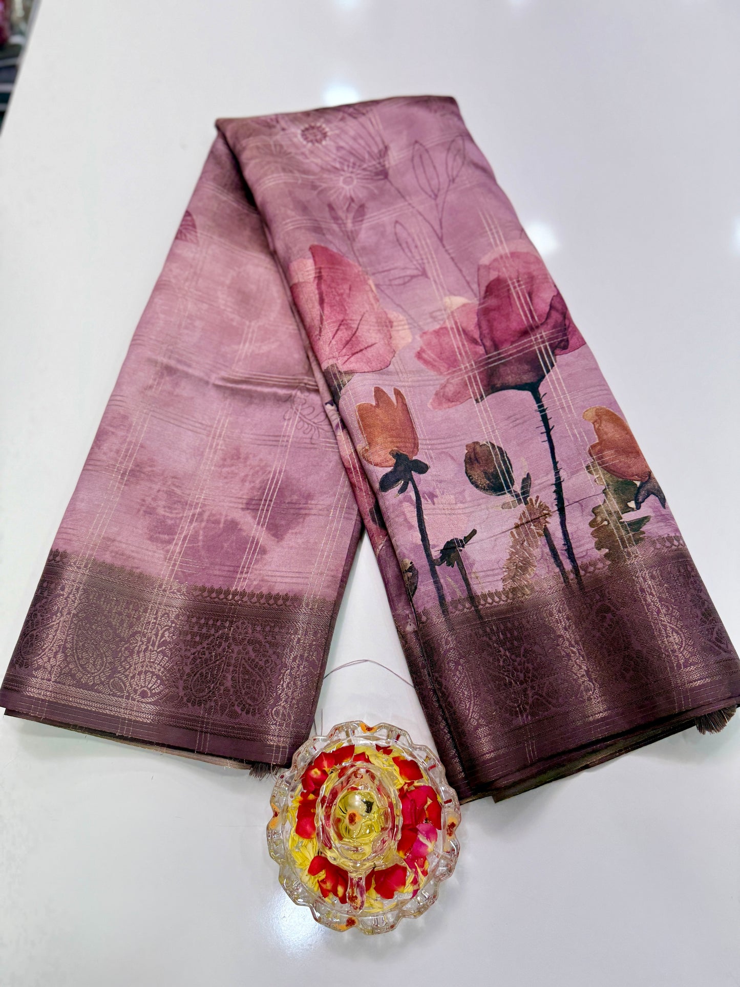 Bamboo Silk Saree with Chex Texture and Rich Pallu – Digital Floral Print Saree for Women