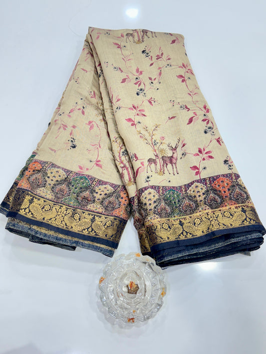 Chennuri silk style printed saree with traditional artwork border and unstitched blouse fabric for women