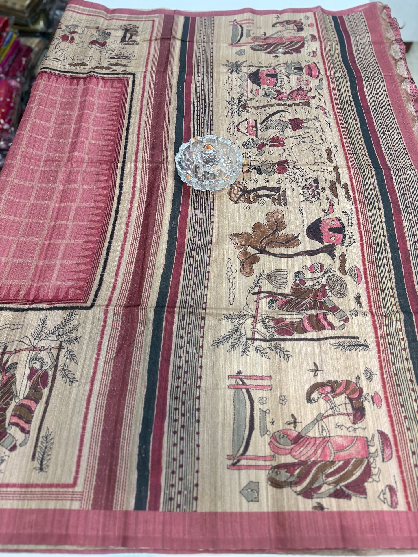 Spider Silk Saree with Folk Art Print Border and Tassel Pallu