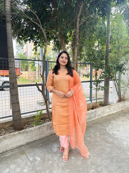 Brocade Banarasi Straight Kurta Pant Set with Organza Dupatta for Women