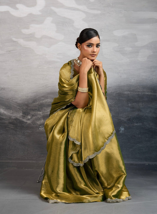 Burberry Chiffon Saree with Zarkan and Cutdana Appliqué Lace Work – Designer Party Wear Saree for Women