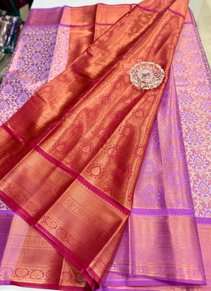 Bridal tissue saree for women with woven zari work and contrast border, kanchipuram style powerloom saree with blouse fabric